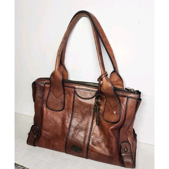 Vintage Fossil Reissue Large Satchel Handbag Camel Brown Leather With Key Charms - Picture 13 of 16